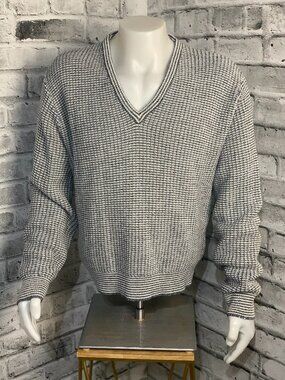 Vintage 90s Jantzen Sweater Mens L Gray White Textured Knit V-Neck Retro Preppy